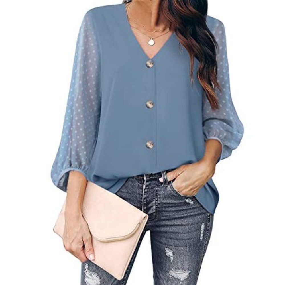 Womens NWT Blue Polkadot Sleeve Casual Button Down Blouse Top - 3X - Picture 1 of 7